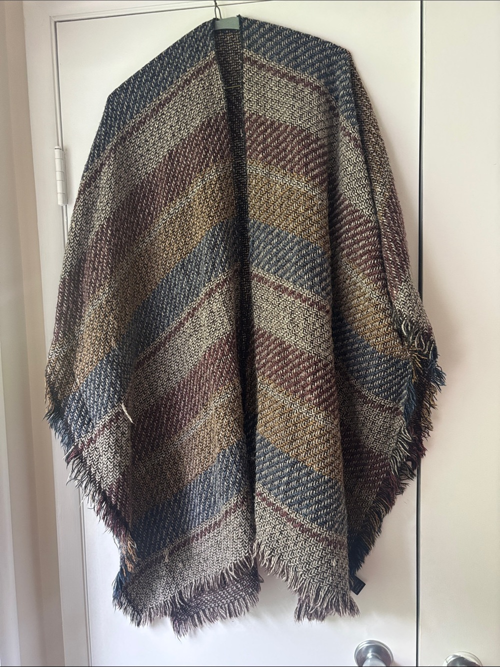Do everything in love Multicolor Striped Fringe Poncho - Brown, Blue, Tan